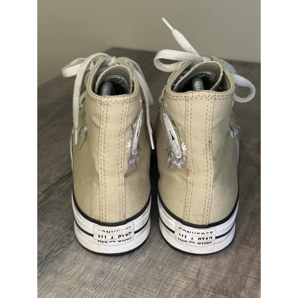 Converse Chuck Taylor All Star High Top Khaki Tan Floral Embroidered Shoes 6 Kid